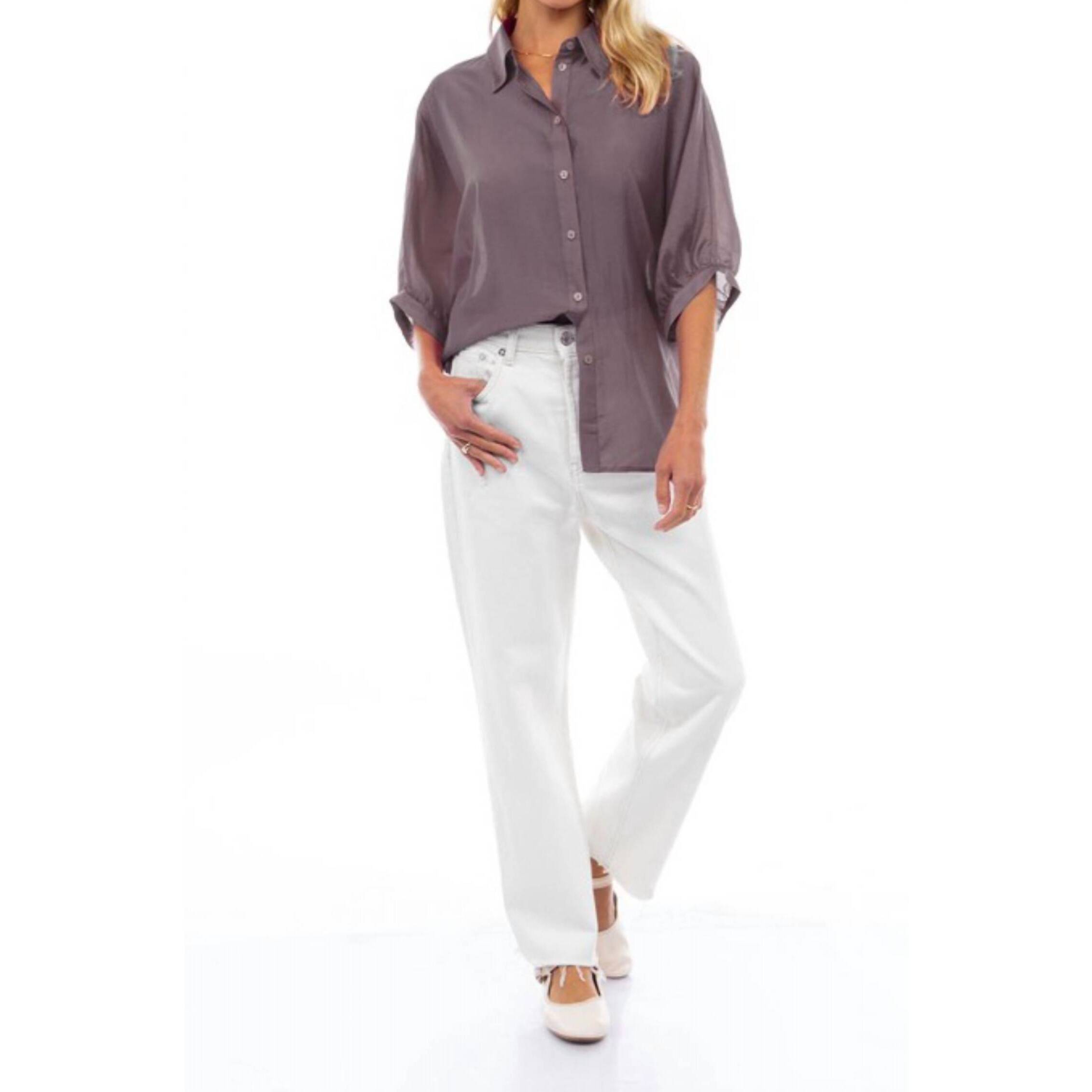 New Cqbycq Button Down Blouse With Ruched Keyhole Detail In Purple